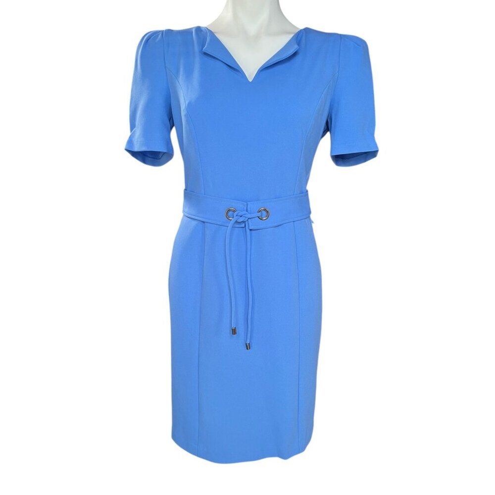 Karl Lagerfeld Paris Womens Blue Dress Size 10 Adjustable Belt Puff Sleeves READ - Picture 3 of 12